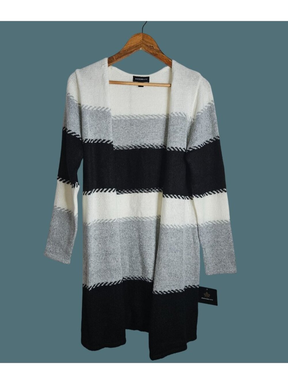 Fortune +Ivy Open Front Long Duster Style Striped Cardigan Women S